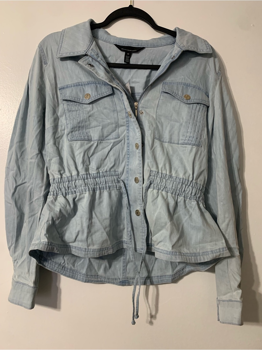 White House Black Market Light Blue Drawstring Denim Jacket
